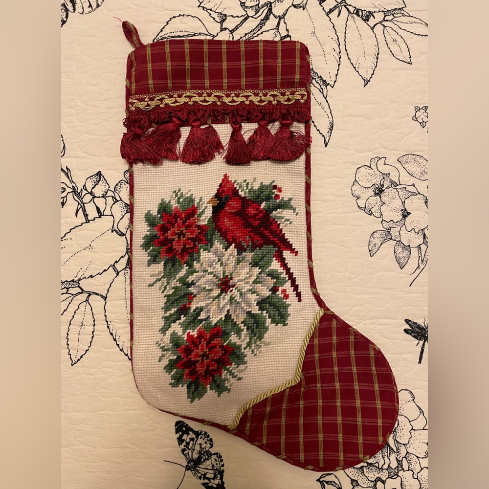 Beautiful Vintage Cardinal & Poinsettias Needlepoint Christmas Stocking NWT